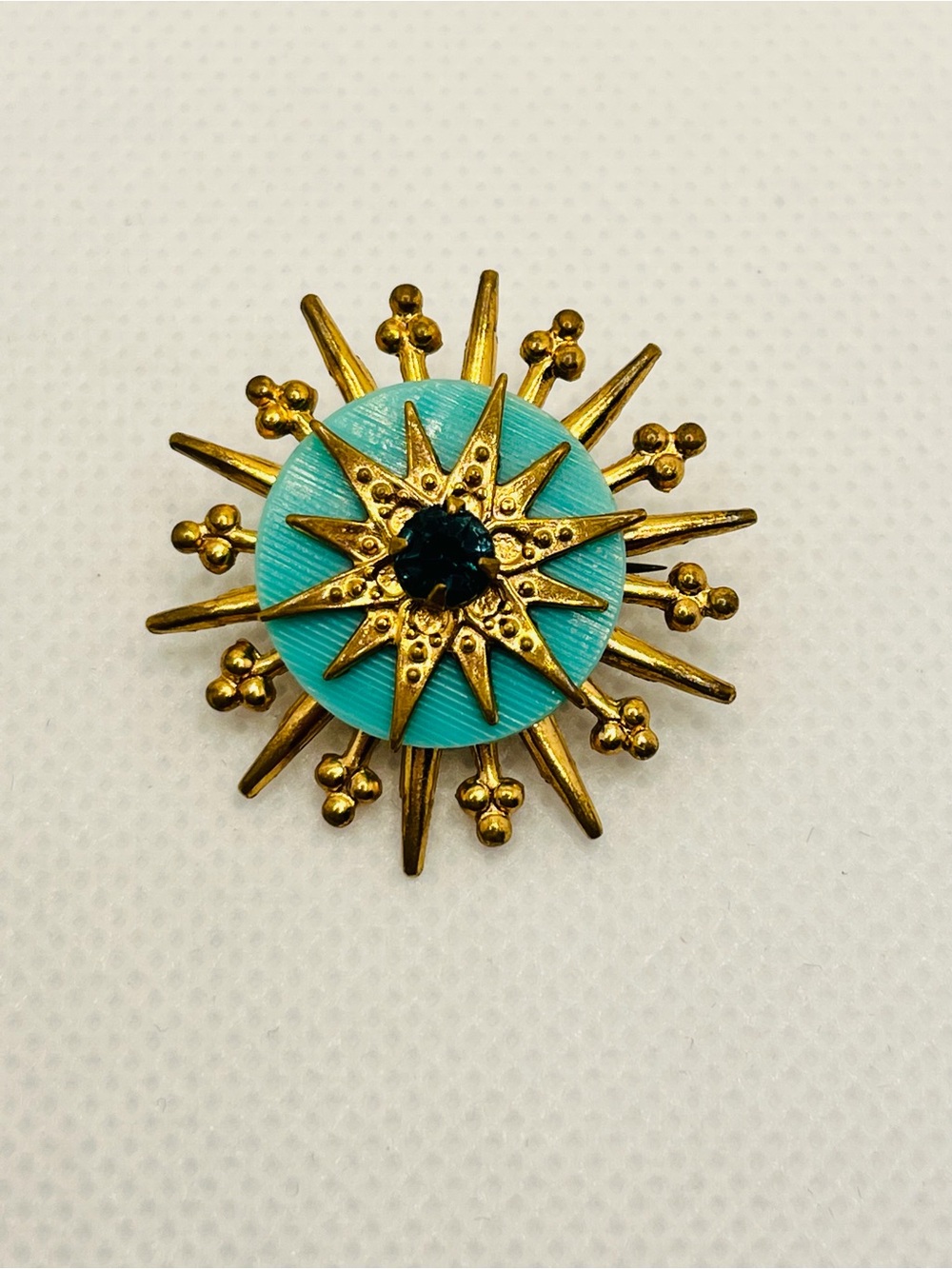 Vintage Gold & Turquoise Starburst Brooch Blue Accent MCM Atomic Hollywood Reg